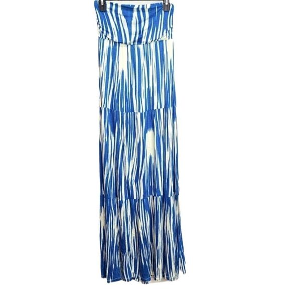 Maxi Strapless Blue/Cream Boho Dress Size 6 - Picture 1 of 4